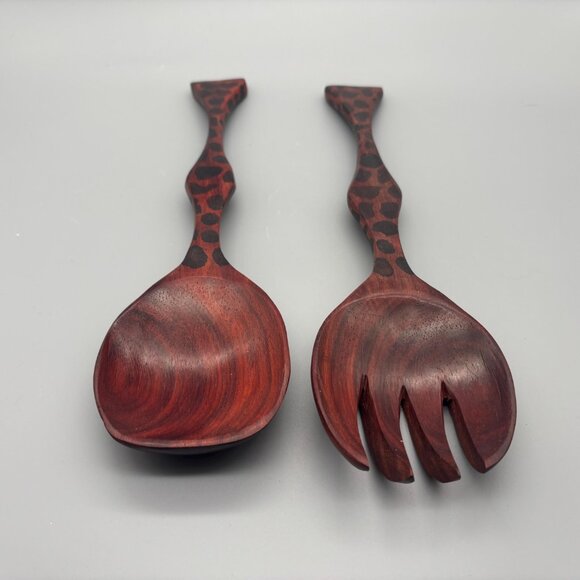 Vintage Hand-Carved Padauk Wood African Safari Salad Servers Set - Picture 3 of 6